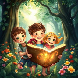 A captivating book cover illustration depicting three children, two boys and one girl, joyfully exploring a vibrant forest