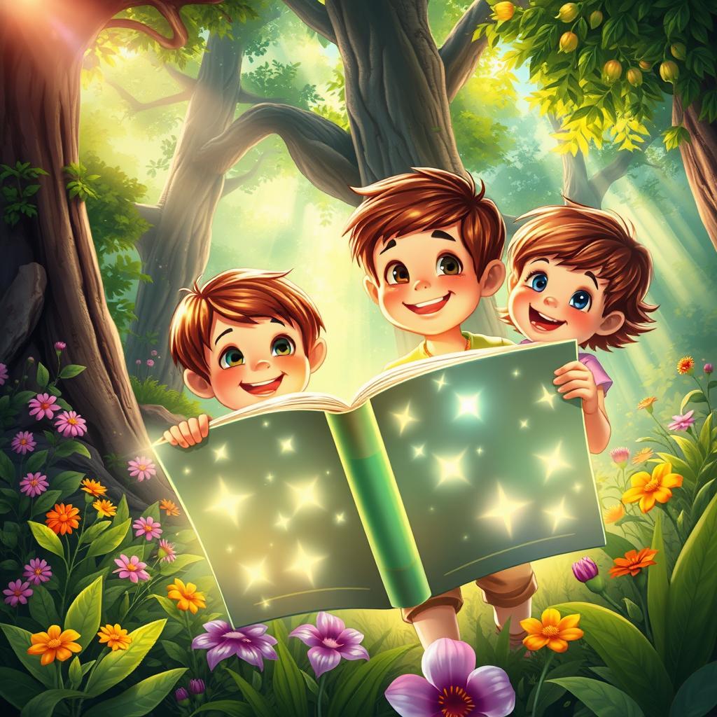A captivating book cover illustration depicting three children, two boys and one girl, joyfully exploring a vibrant forest