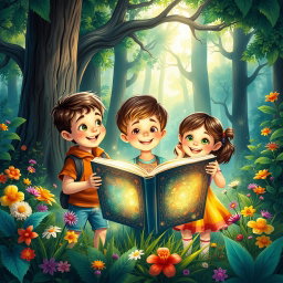 A captivating book cover illustration depicting three children, two boys and one girl, joyfully exploring a vibrant forest