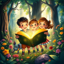 A captivating book cover illustration depicting three children, two boys and one girl, joyfully exploring a vibrant forest