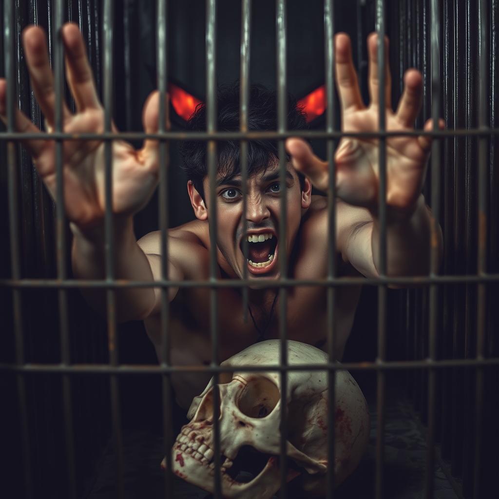 A young man trapped in a caged enclosure, reaching out desperately for help