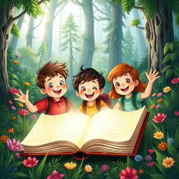 A delightful book cover illustration featuring three children, two boys and one girl, cheerfully exploring a lush, vibrant forest