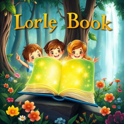 A delightful book cover illustration featuring three children, two boys and one girl, cheerfully exploring a lush, vibrant forest
