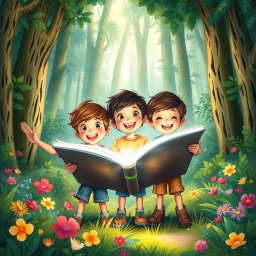 A delightful book cover illustration featuring three children, two boys and one girl, cheerfully exploring a lush, vibrant forest