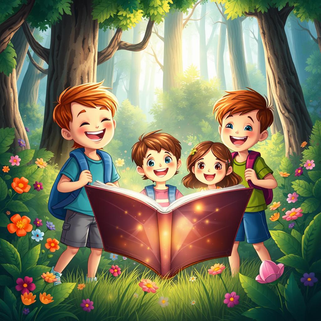 A delightful book cover illustration featuring three children, two boys and one girl, cheerfully exploring a lush, vibrant forest