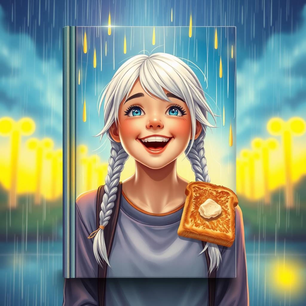 A whimsical book cover design featuring a light storm in the background, with rain that appears to fall ONLY on the main character