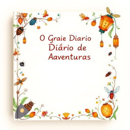 An enchanting book back cover design for 'O Grande Diário de Aventuras', featuring a spacious central area left blank for writing or notes