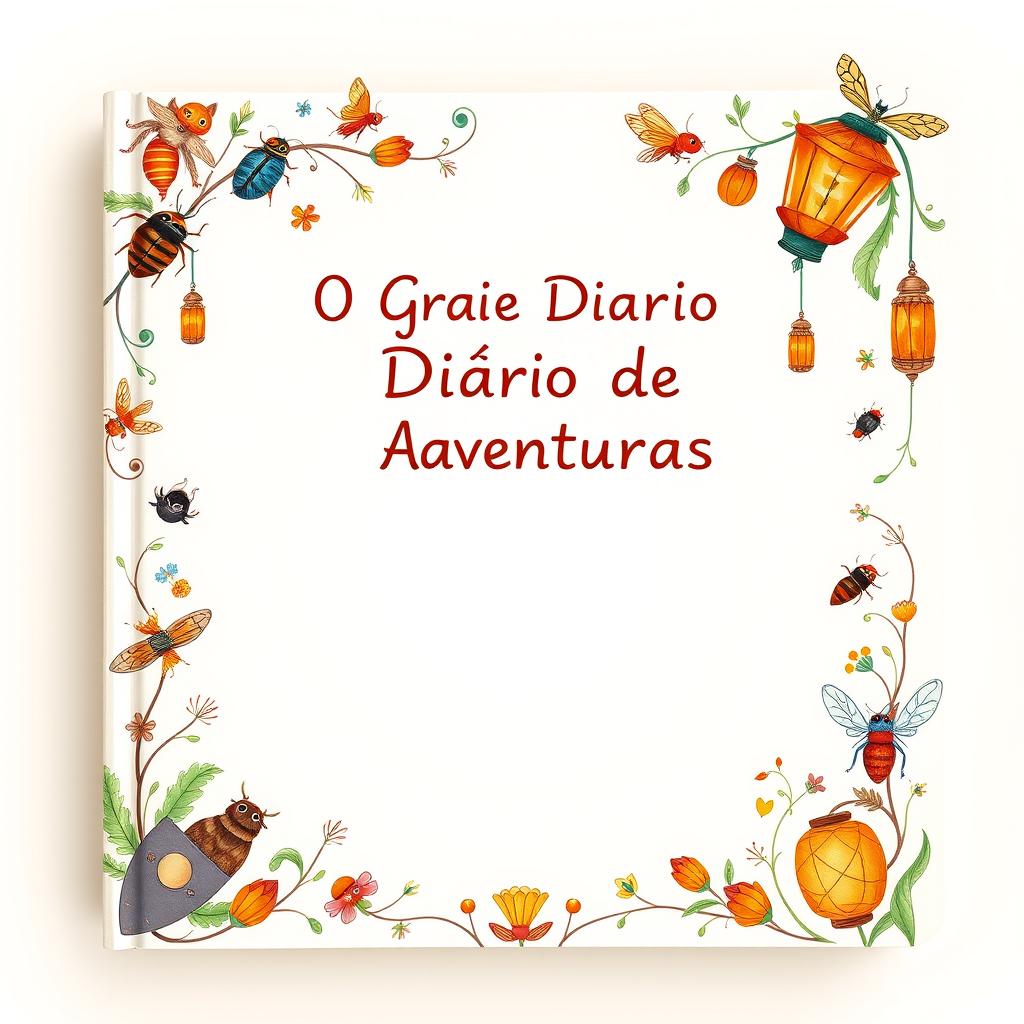 An enchanting book back cover design for 'O Grande Diário de Aventuras', featuring a spacious central area left blank for writing or notes