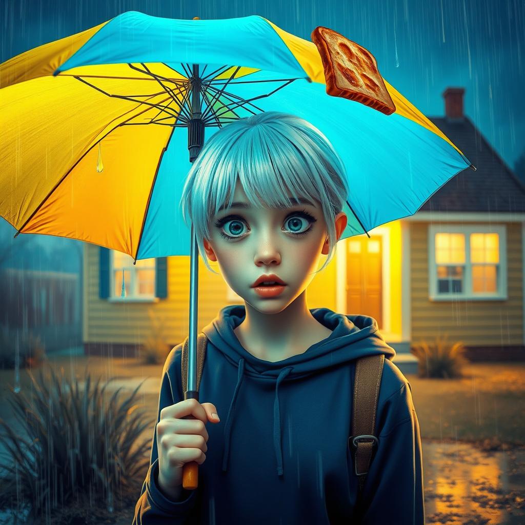 A surreal and whimsical scene featuring a teenage girl with striking white hair, showcasing a surprised expression with a hint of resignation