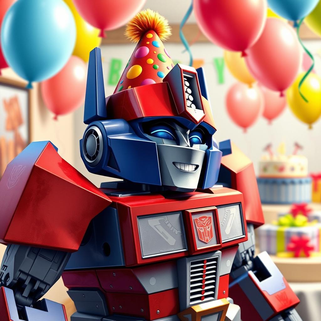 Optimus Prime, the iconic transformer character, wearing a colorful birthday hat adorned with festive patterns and a bright pom-pom on top