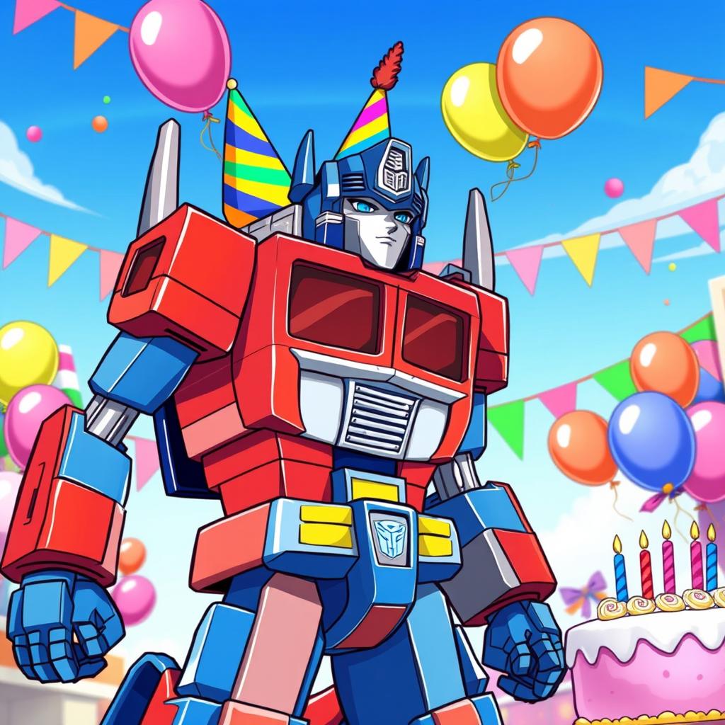 A vibrant and playful illustration of Optimus Prime, the iconic Transformer, wearing a colorful birthday hat on top of his head