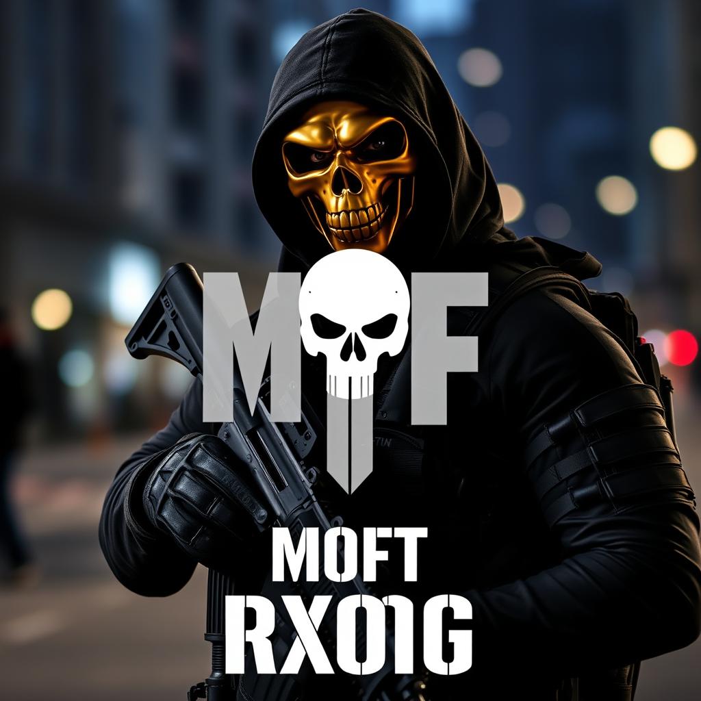 A person in sleek, tactical black special forces attire, equipped with a menacing gold skull face mask