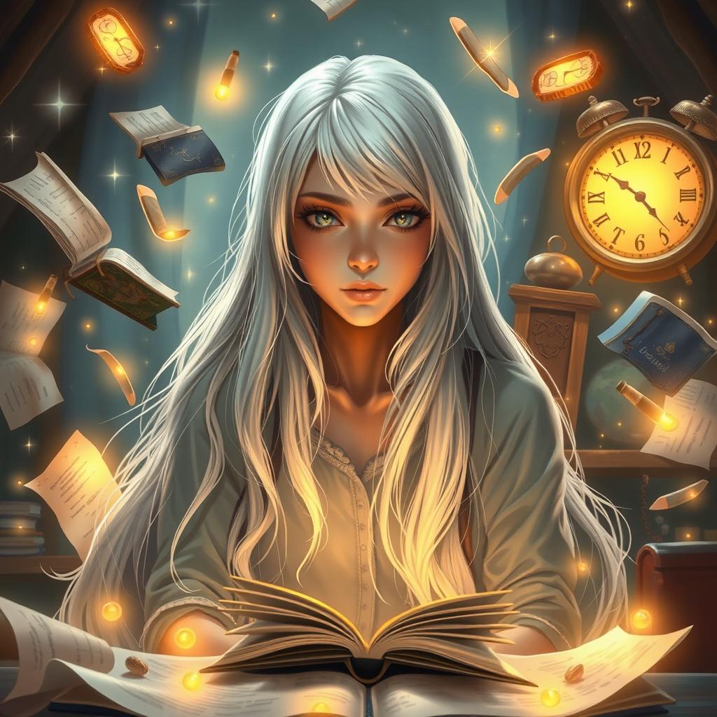 A fantastical yet realistic scene depicting a female protagonist with long white hair cascading down past her shoulders