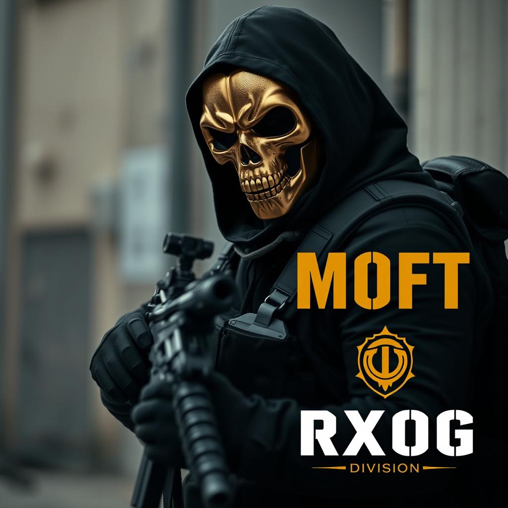 A striking image of a figure dressed in sleek black special forces attire, sporting a unique gold skull face mask that adds an air of intimidation