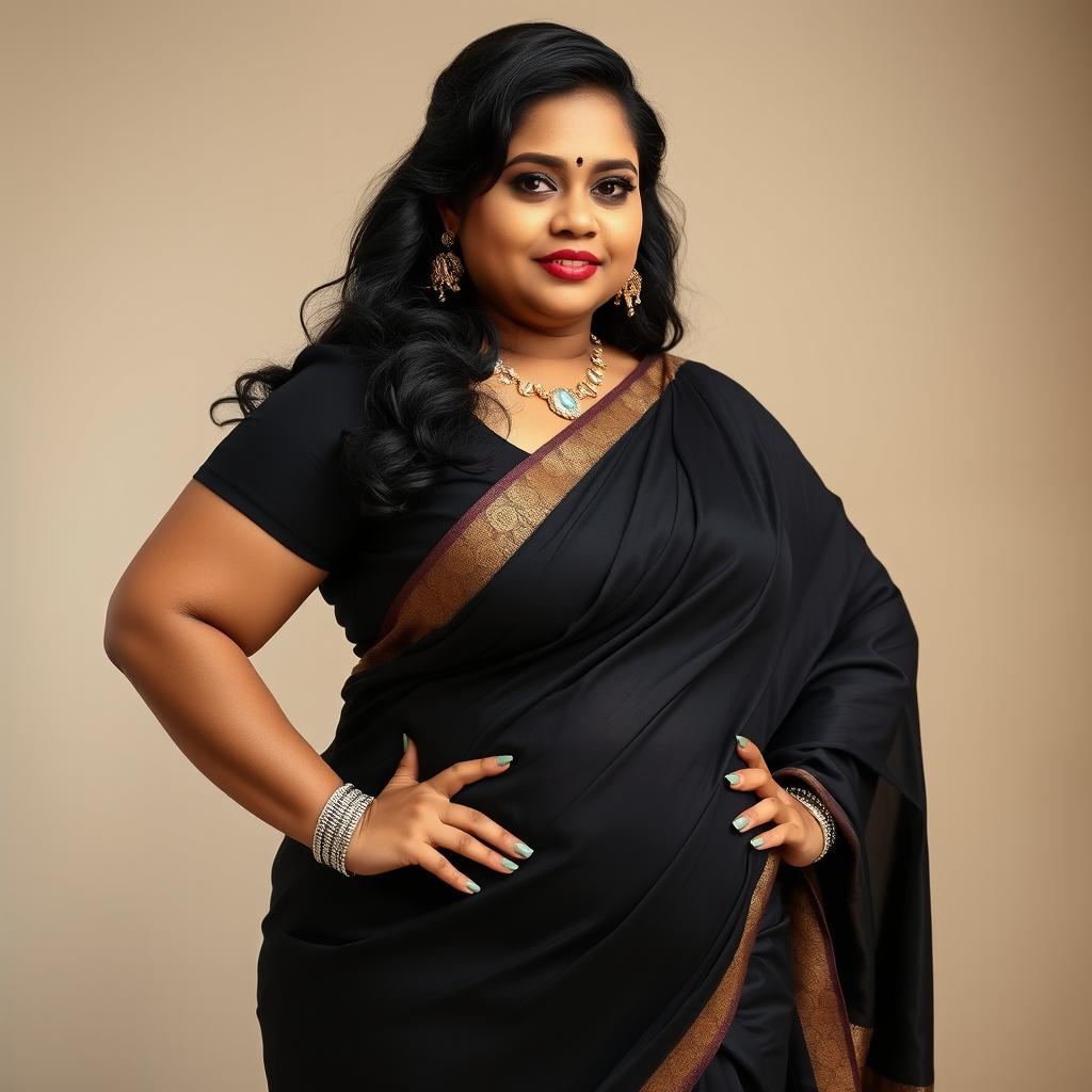 An Indian chubby woman confidently posing in a stunning black saree paired with a stylish short blouse