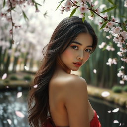 A sensual portrait of a beautiful Japanese woman, elegantly posed in a traditional Japanese setting with soft cherry blossom petals falling around her