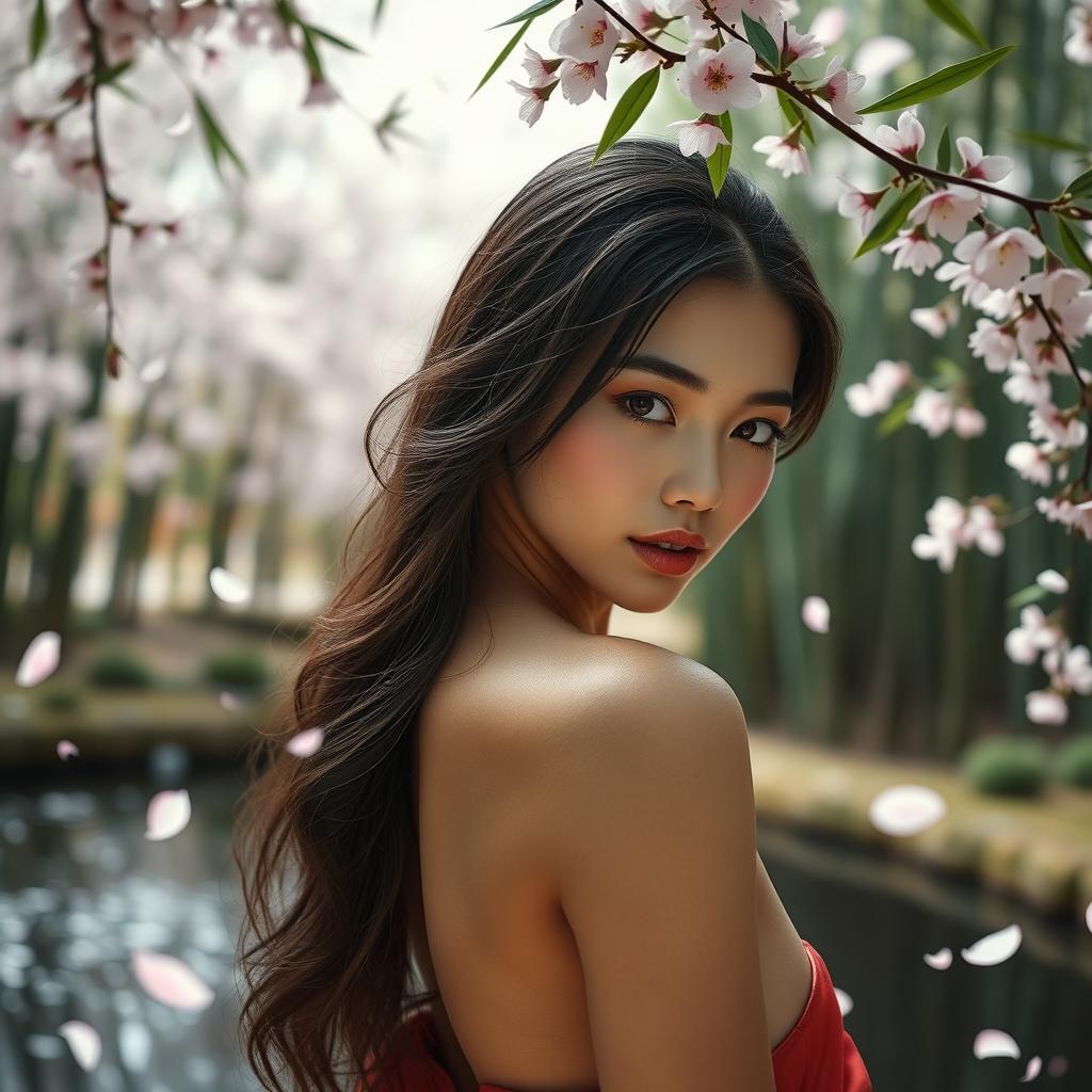 A sensual portrait of a beautiful Japanese woman, elegantly posed in a traditional Japanese setting with soft cherry blossom petals falling around her