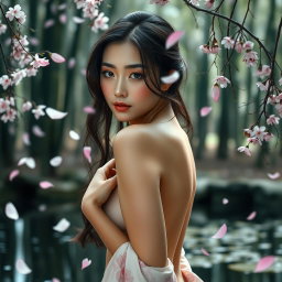 A sensual portrait of a beautiful Japanese woman, elegantly posed in a traditional Japanese setting with soft cherry blossom petals falling around her