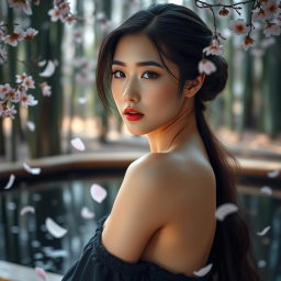 A sensual portrait of a beautiful Japanese woman, elegantly posed in a traditional Japanese setting with soft cherry blossom petals falling around her