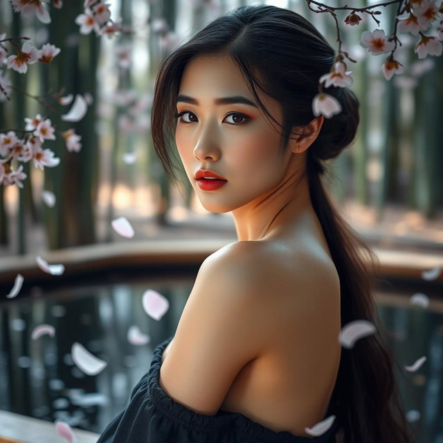A sensual portrait of a beautiful Japanese woman, elegantly posed in a traditional Japanese setting with soft cherry blossom petals falling around her