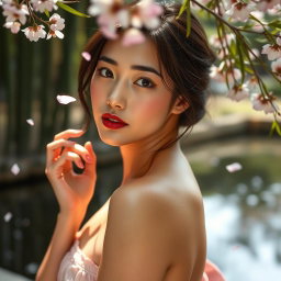 A sensual portrait of a beautiful Japanese woman, elegantly posed in a traditional Japanese setting with soft cherry blossom petals falling around her