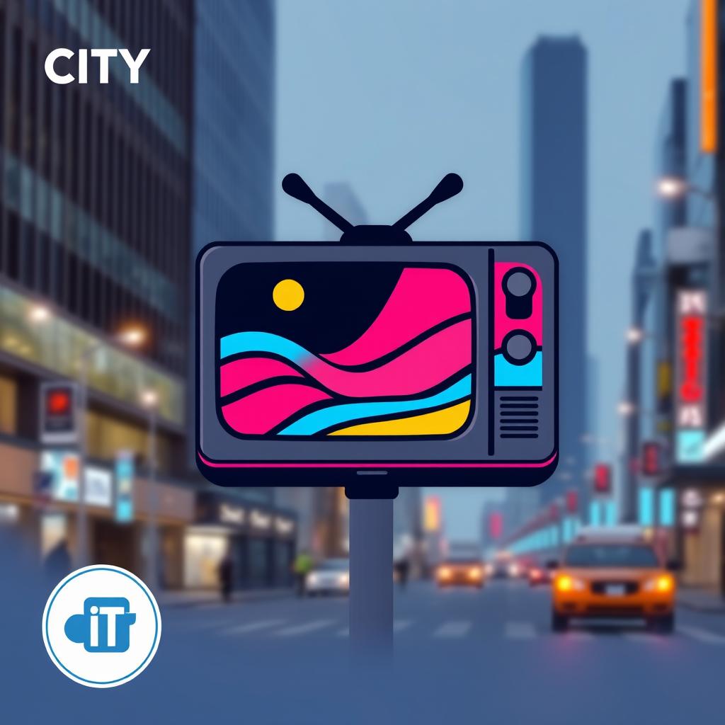 A vibrant and eye-catching icon for a city billboard featuring a stylized television design