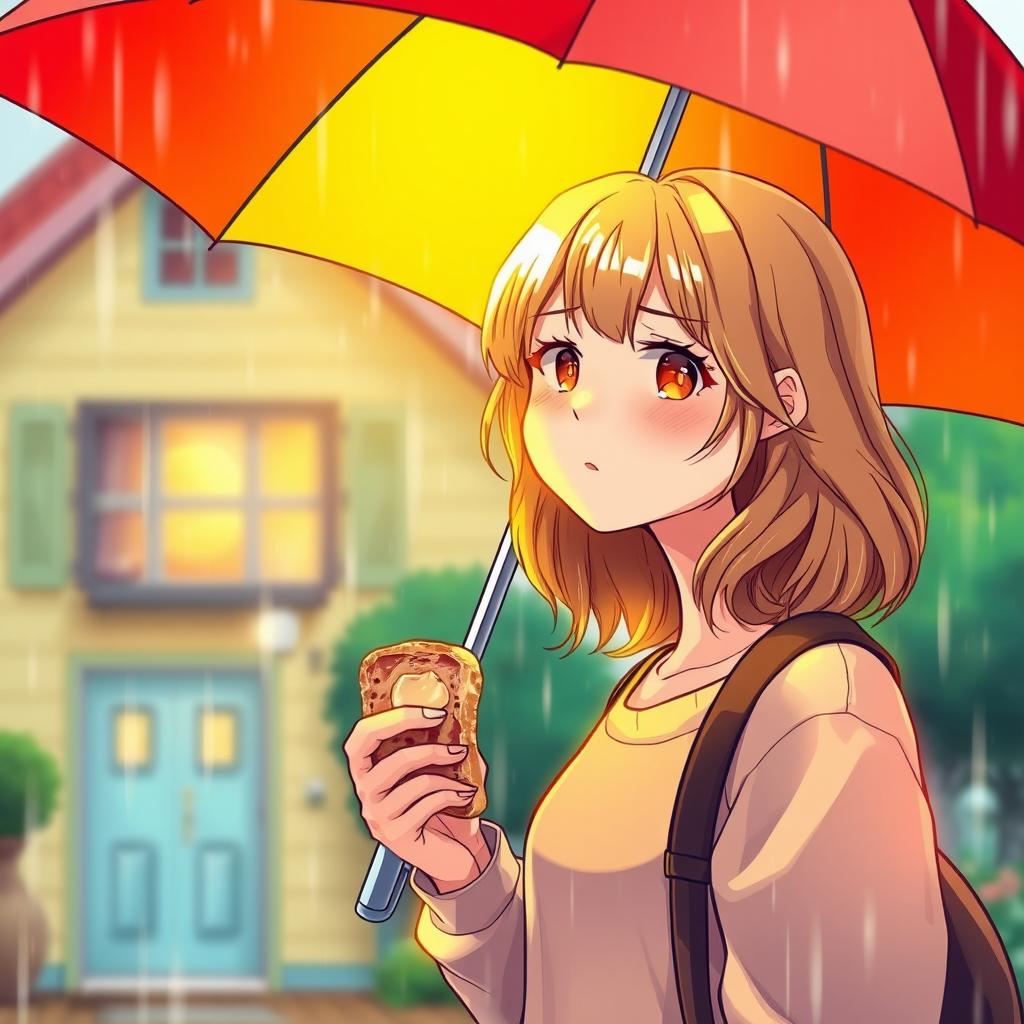 A captivating book cover illustration featuring a blurred background of a cozy house, creating a dreamy effect that emphasizes the main character in the foreground