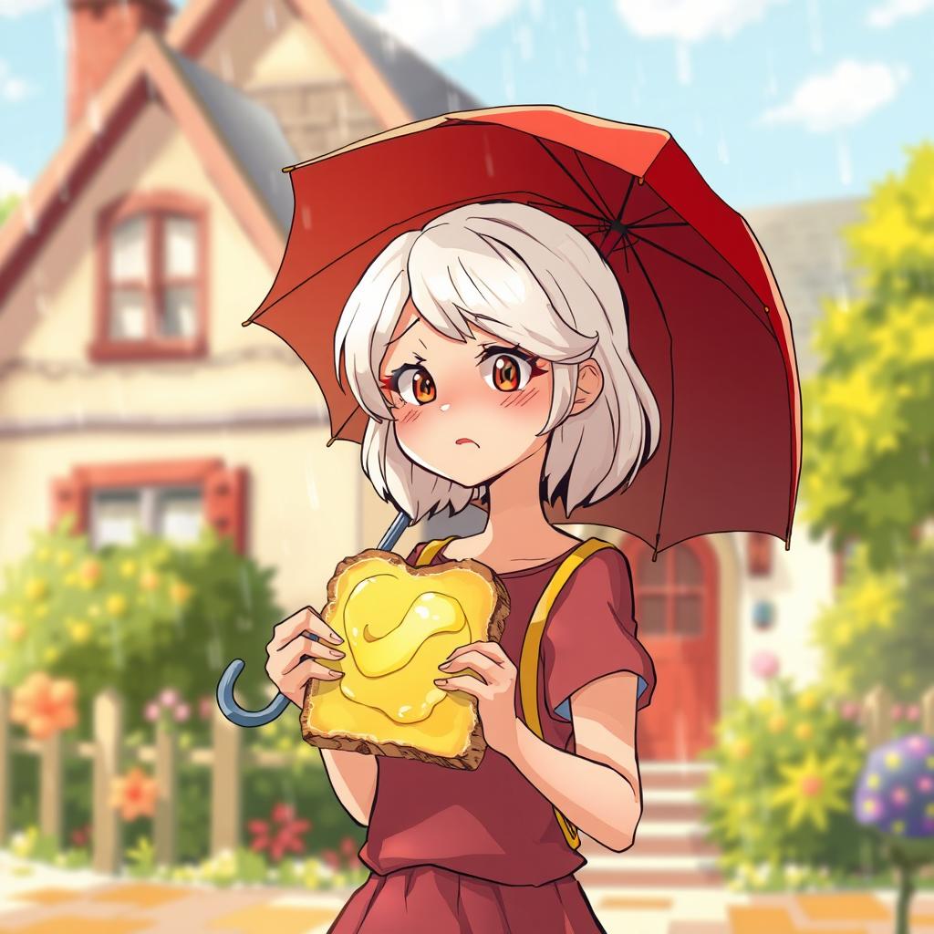 A whimsical book cover illustration featuring a blurred background of a charming house, allowing the main character to stand out prominently in the foreground