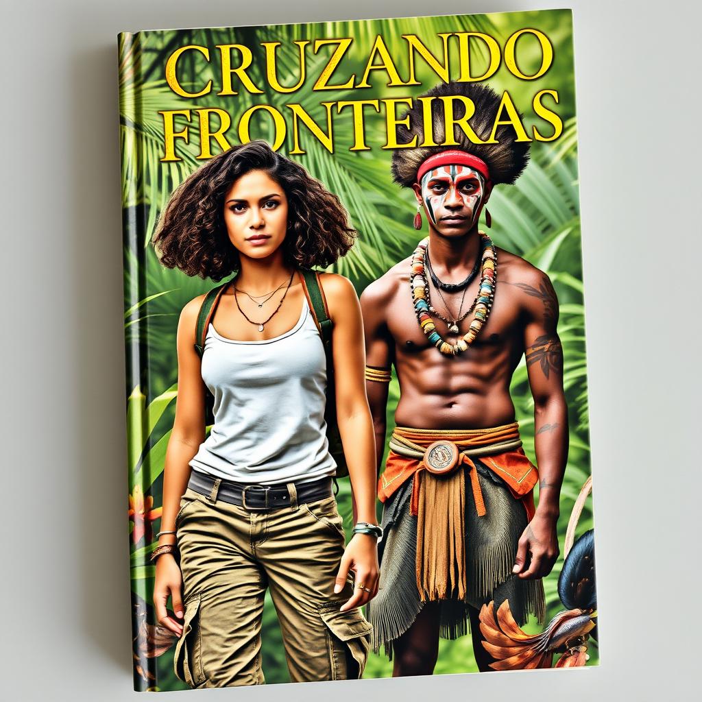 A captivating book cover featuring a strong female missionary character with an adventurous spirit, shown in a lush Amazon rainforest setting