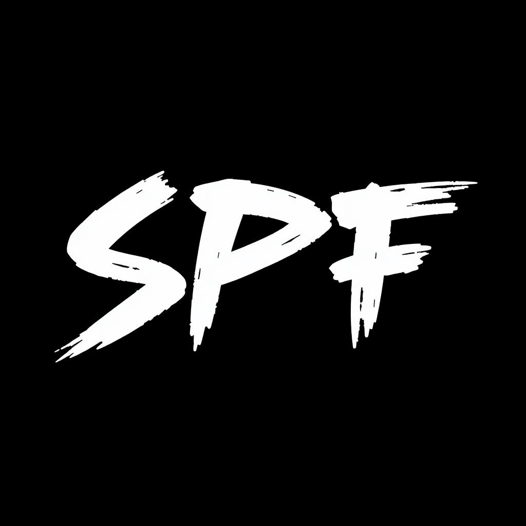 The text 'SPF' designed in the WWF scratch font style, prominently displayed in white or bright colors against a deep black background