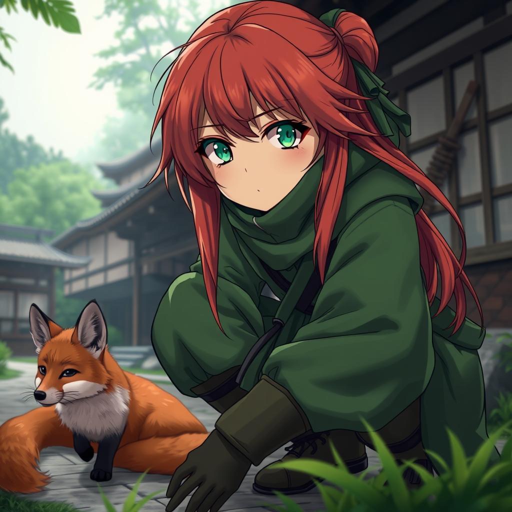 A close-up of a red-haired ninja girl with green eyes, dressed in green ninja attire, crouching in a ninja village setting