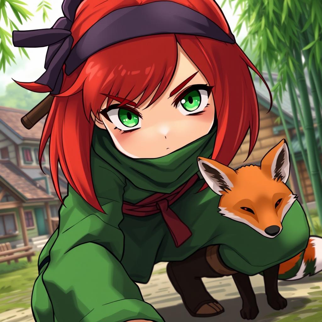 A close-up image of a red-haired ninja girl with green eyes, crouching in a dynamic pose