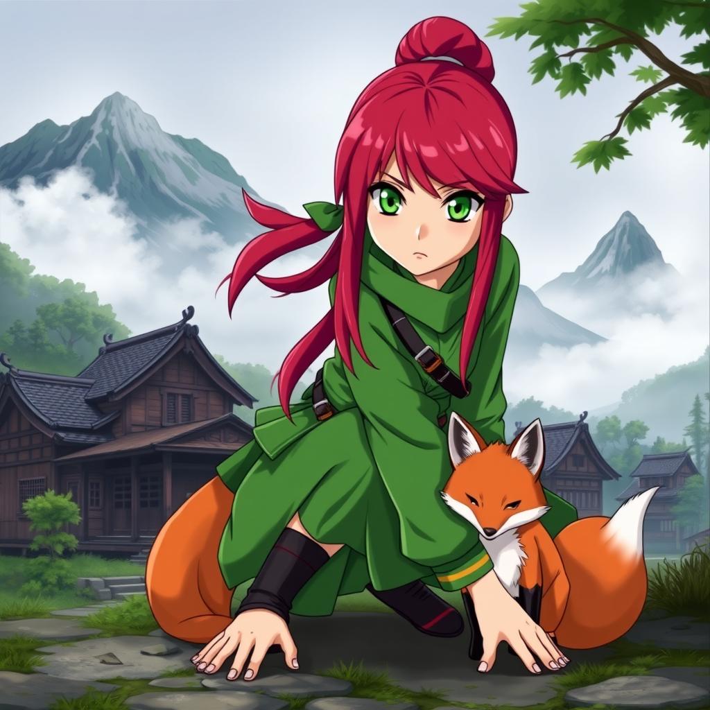 A red-haired ninja girl with green eyes, dressed in vibrant green ninja clothing, crouching in the foreground