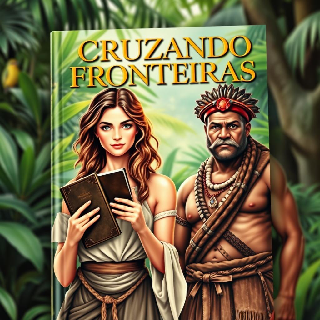 A captivating book cover titled 'CRUZANDO FRONTEIRAS', featuring a strong and beautiful female character holding a Bible in one hand, representing a missionary