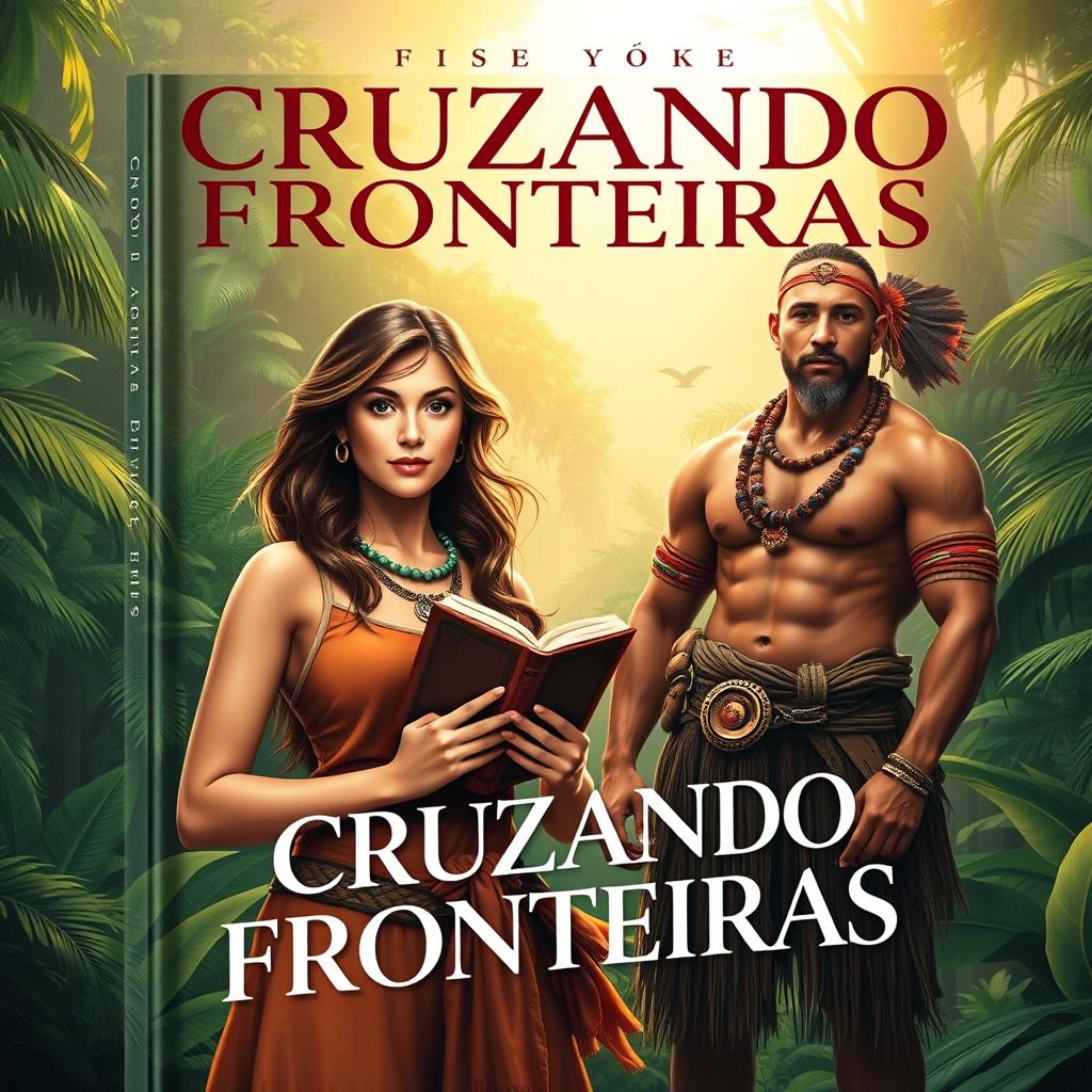 A captivating book cover titled 'CRUZANDO FRONTEIRAS', featuring a strong, beautiful female missionary character holding a Bible in her hands