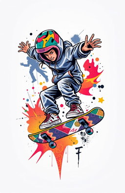 A vibrant tattoo design depicting a dynamic youth skateboarding in mid-air