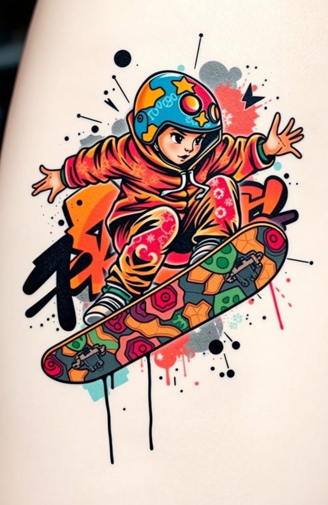 A vibrant tattoo design depicting a dynamic youth skateboarding in mid-air