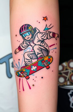 A vibrant tattoo design depicting a dynamic youth skateboarding in mid-air
