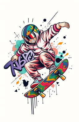 A vibrant tattoo design depicting a dynamic youth skateboarding in mid-air