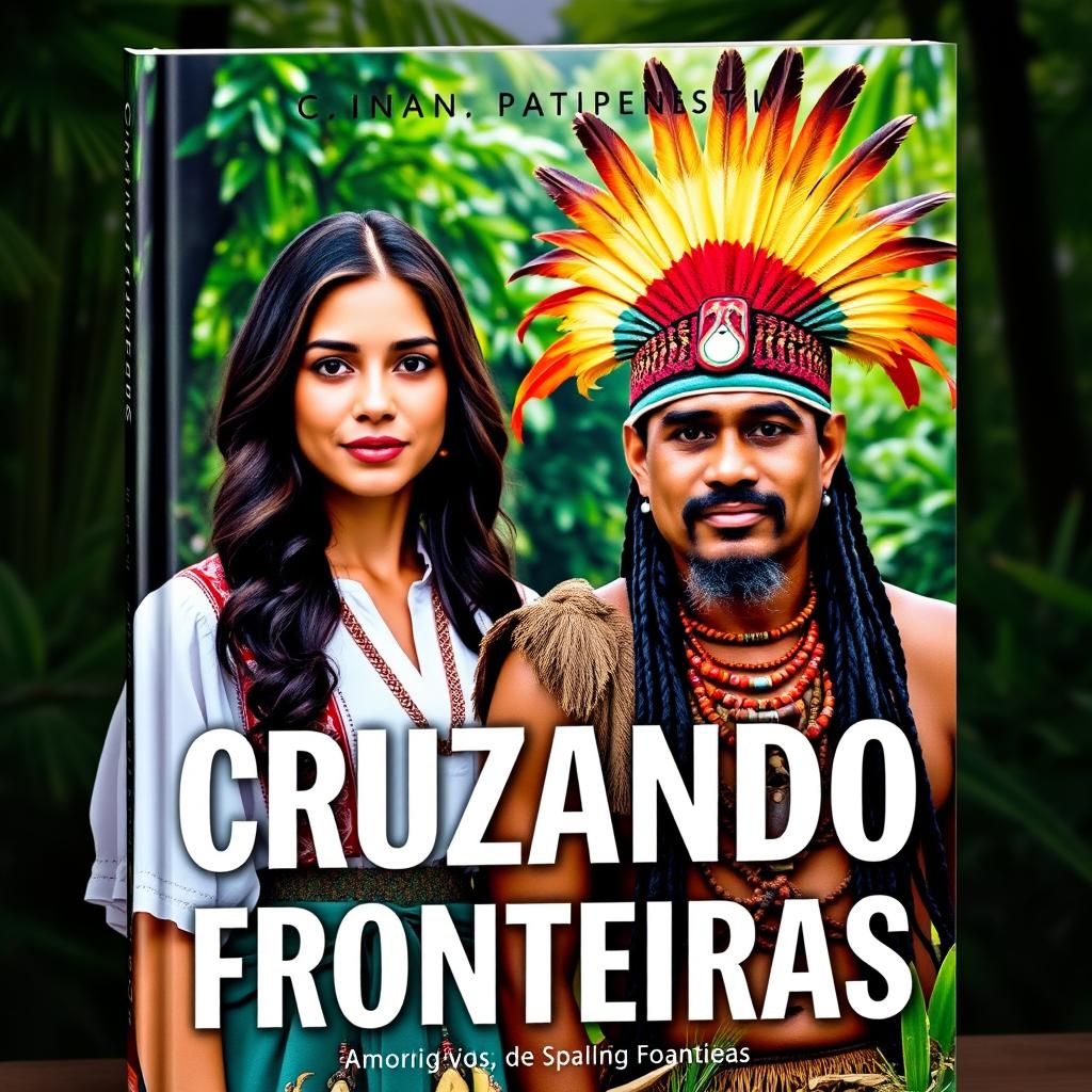 A captivating book cover titled 'CRUZANDO FRONTEIRAS', featuring a beautiful female missionary and a handsome Kaiapó indigenous man from the Brazilian Amazon