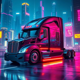 a cyberpunk style 2025 Cascadia Freightliner with a sleek and aggressive design, featuring sharp corners, black leather textures, and glowing neon colors