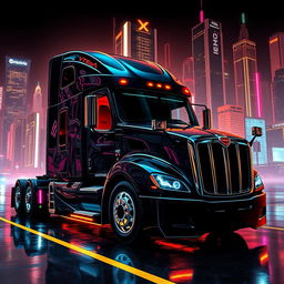 a cyberpunk style 2025 Cascadia Freightliner with a sleek and aggressive design, featuring sharp corners, black leather textures, and glowing neon colors
