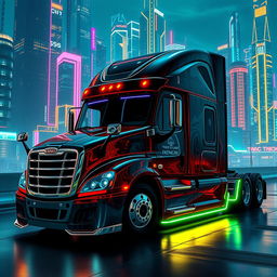 a cyberpunk style 2025 Cascadia Freightliner with a sleek and aggressive design, featuring sharp corners, black leather textures, and glowing neon colors