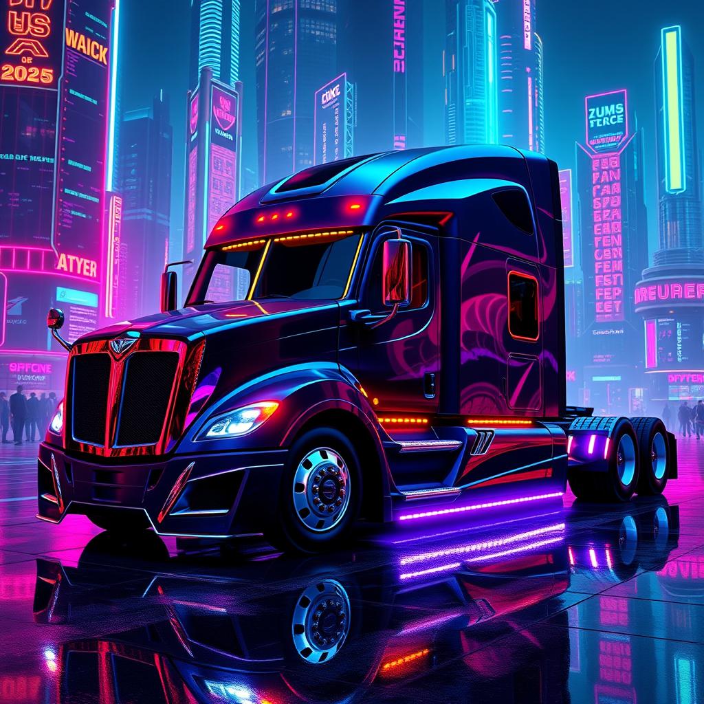 a cyberpunk style 2025 Cascadia Freightliner with a sleek and aggressive design, featuring sharp corners, black leather textures, and glowing neon colors