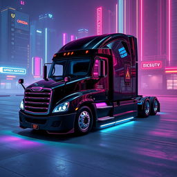 a cyberpunk style 2025 Cascadia Freightliner in black and purple, showcasing a sleek and aggressive design with sharp corners
