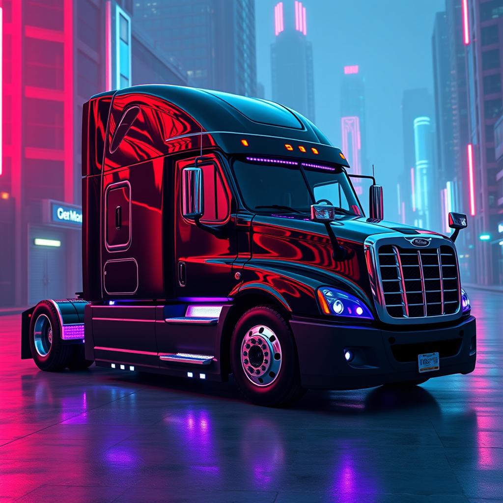 a cyberpunk style 2025 Cascadia Freightliner in black and purple, showcasing a sleek and aggressive design with sharp corners