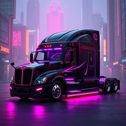 a cyberpunk style 2025 Cascadia Freightliner in black and purple, showcasing a sleek and aggressive design with sharp corners