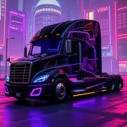 a cyberpunk style 2025 Cascadia Freightliner in black and purple, showcasing a sleek and aggressive design with sharp corners