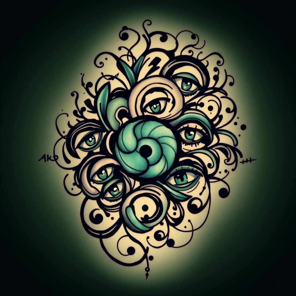 A stunning tattoo design featuring intricate patterns and motifs predominantly in black and shades of green