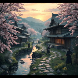 A picturesque ninja village background, filled with traditional Japanese architecture, wooden houses with curved roofs, and cherry blossom trees in full bloom